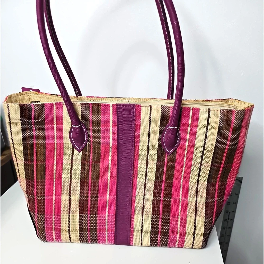 Handmade Woven Raffia Tote Bag Purple Faux Leather Straps Striped Boho Summer